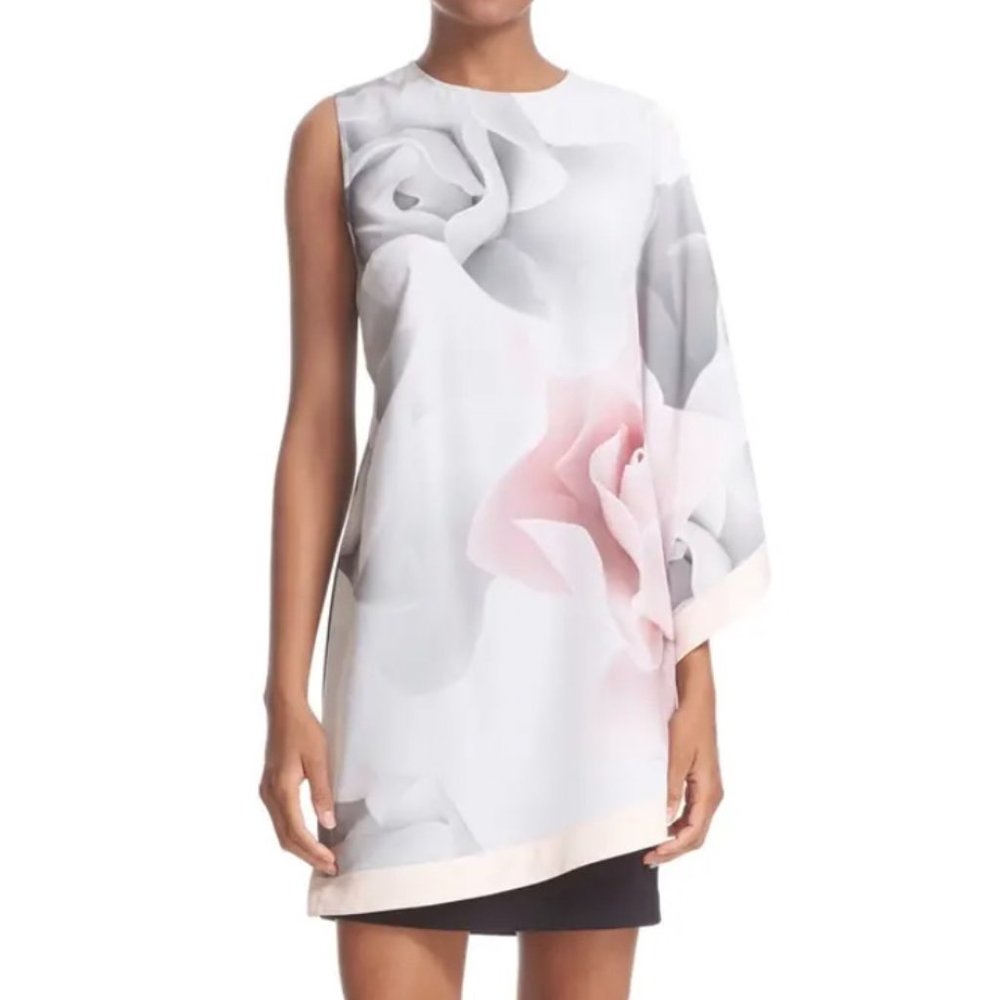 Ted Baker Porcelain Rose Black Dress with Printed Chiffon Floral Overlay Sz 12